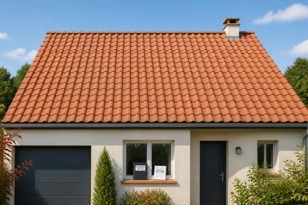Toiture en tuiles propre et bien entretenue, maison résidentielle soignée, ciel clair et végétation discrète
