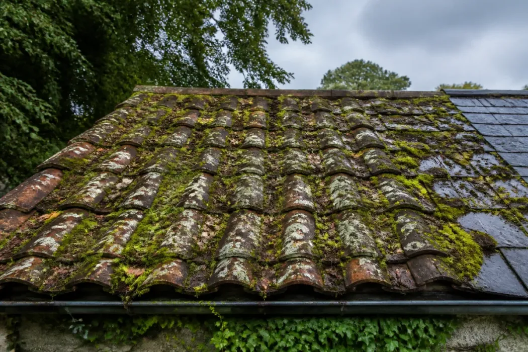 Toiture ancienne humide couverte de mousse et lichens après fortes pluies, tuiles usées sous ciel couvert