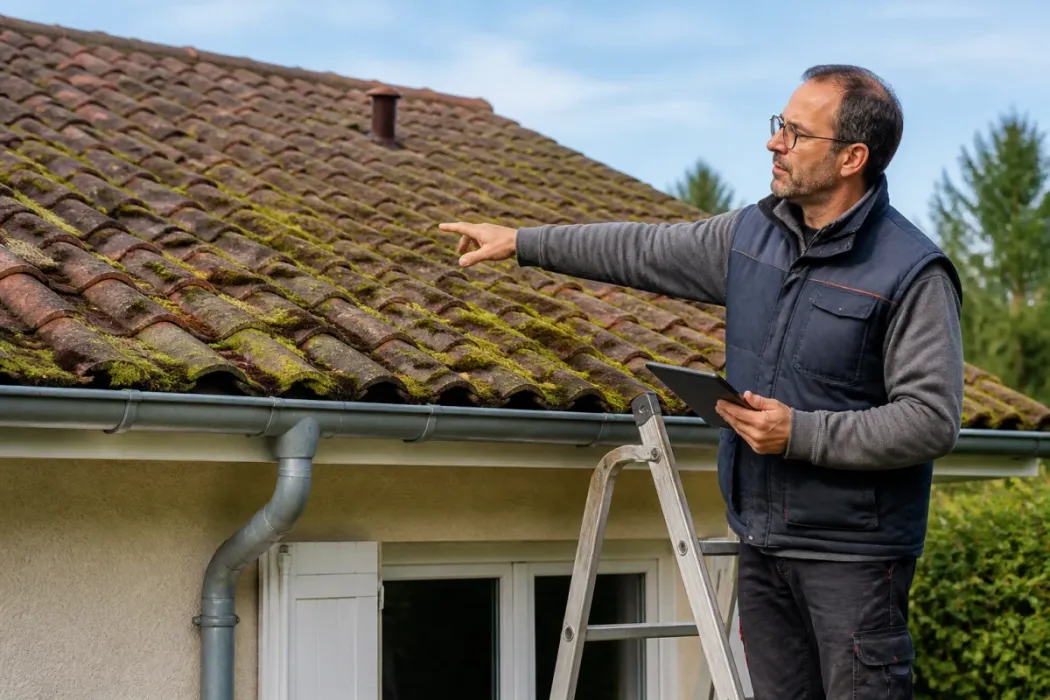 Professionnel inspectant une toiture en tuiles vieillies avec mousse visible, devant une maison résidentielle au ciel clair