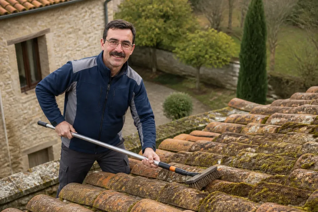 Professionnel retirant la mousse sur des tuiles avec une brosse