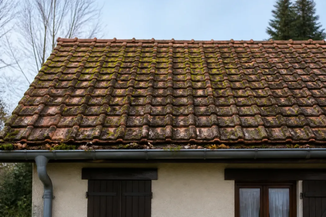 Toiture en tuiles avec mousse, humidité visible et gouttière encombrée de feuilles après l’hiver