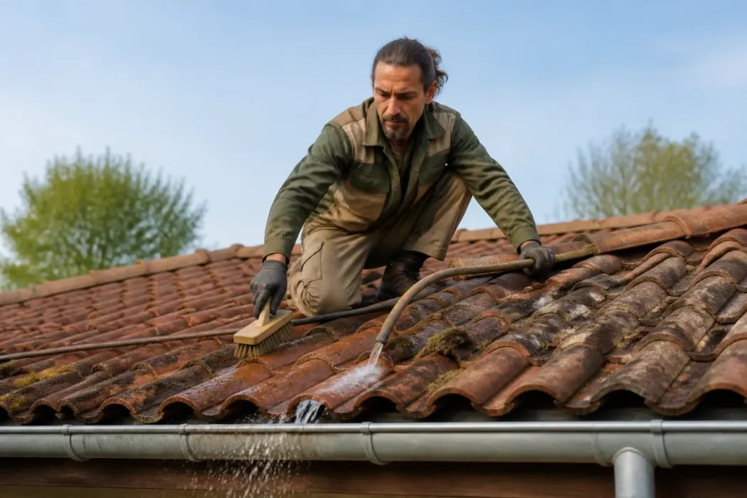 Couvreur brossant doucement une toiture en tuiles moussues près du faîtage, sous un ciel clair