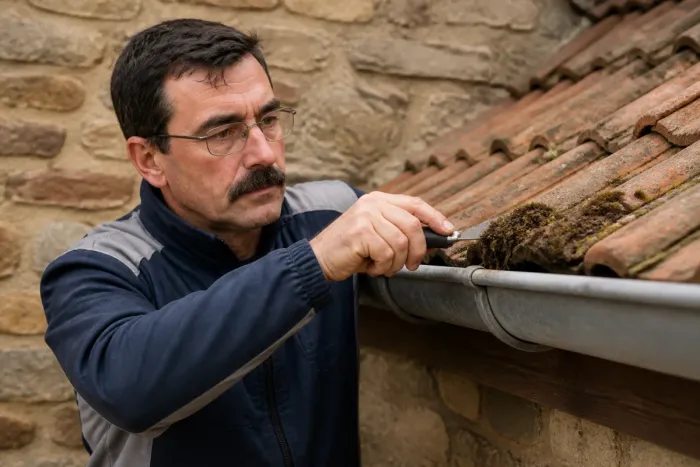 Retrait manuel de mousse sur le bord de tuiles
